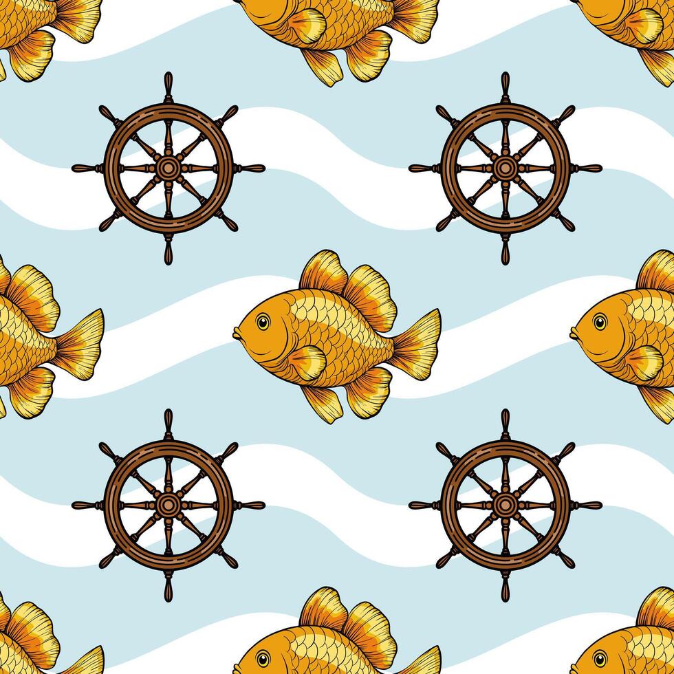 A vibrant pattern featuring golden fish and ship wheels on a light blue background with wavy white lines. The design is playful and nautical, perfect for marine-themed decor or textiles. vector
