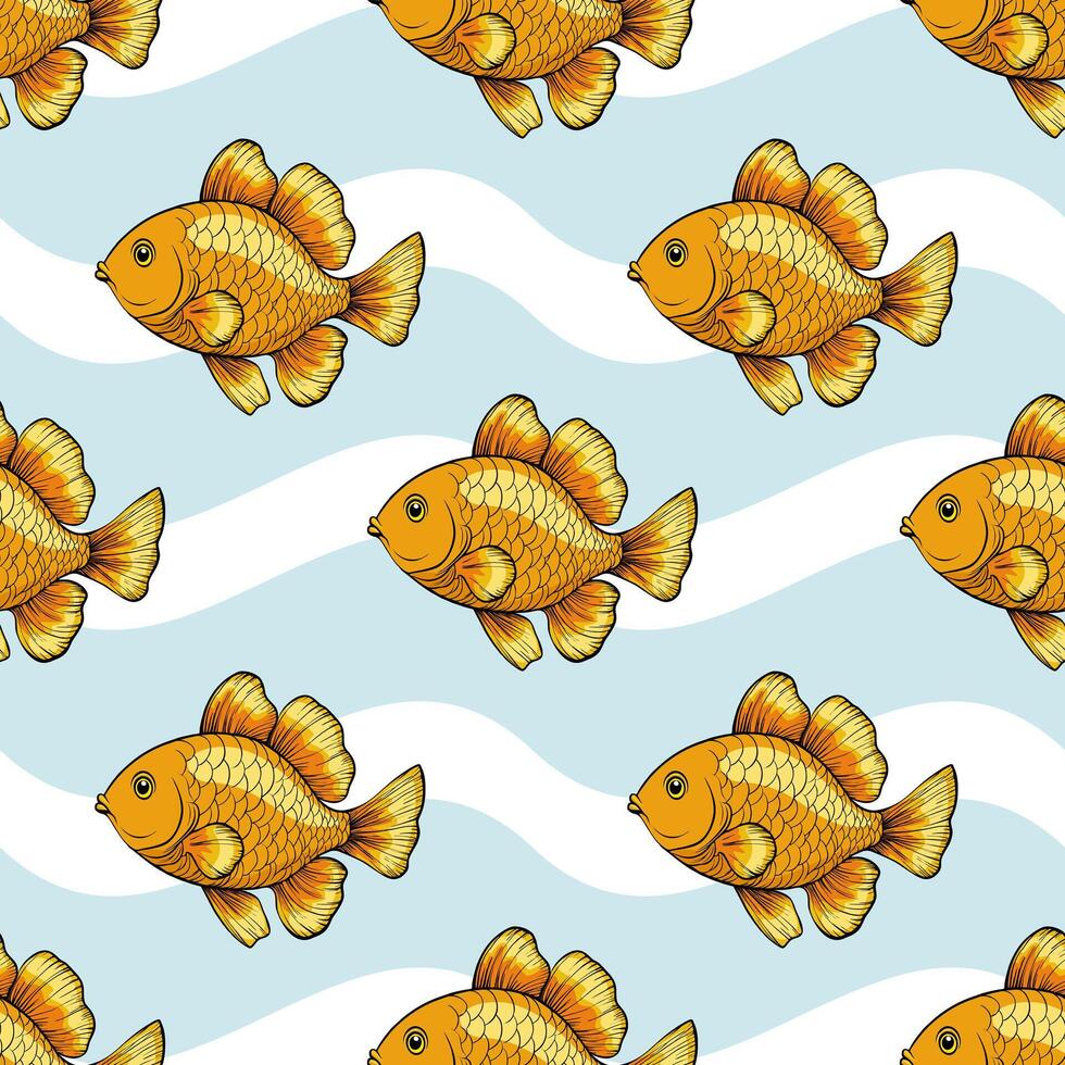 A seamless pattern featuring cartoon-style golden fish swimming against a light blue background with wavy white lines. The fish are detailed with scales and fins, creating a playful underwater theme. vector