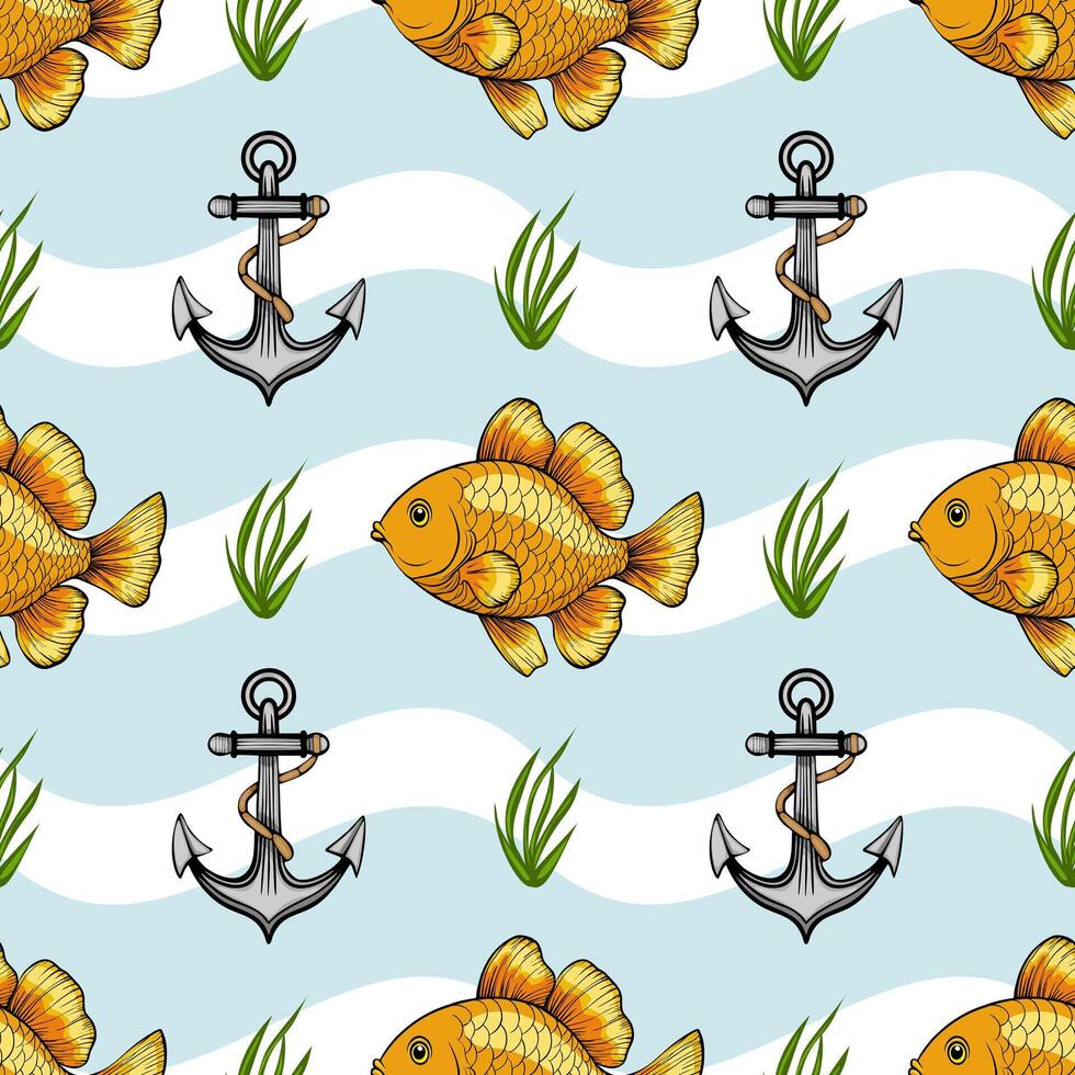 A whimsical pattern featuring goldfish and anchors on a light blue background, interspersed with wavy white lines and green aquatic plants. vector