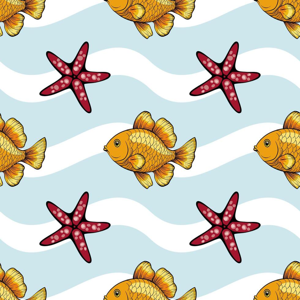 A vibrant pattern featuring yellow goldfish and red starfish on a light blue background with wavy white lines. vector