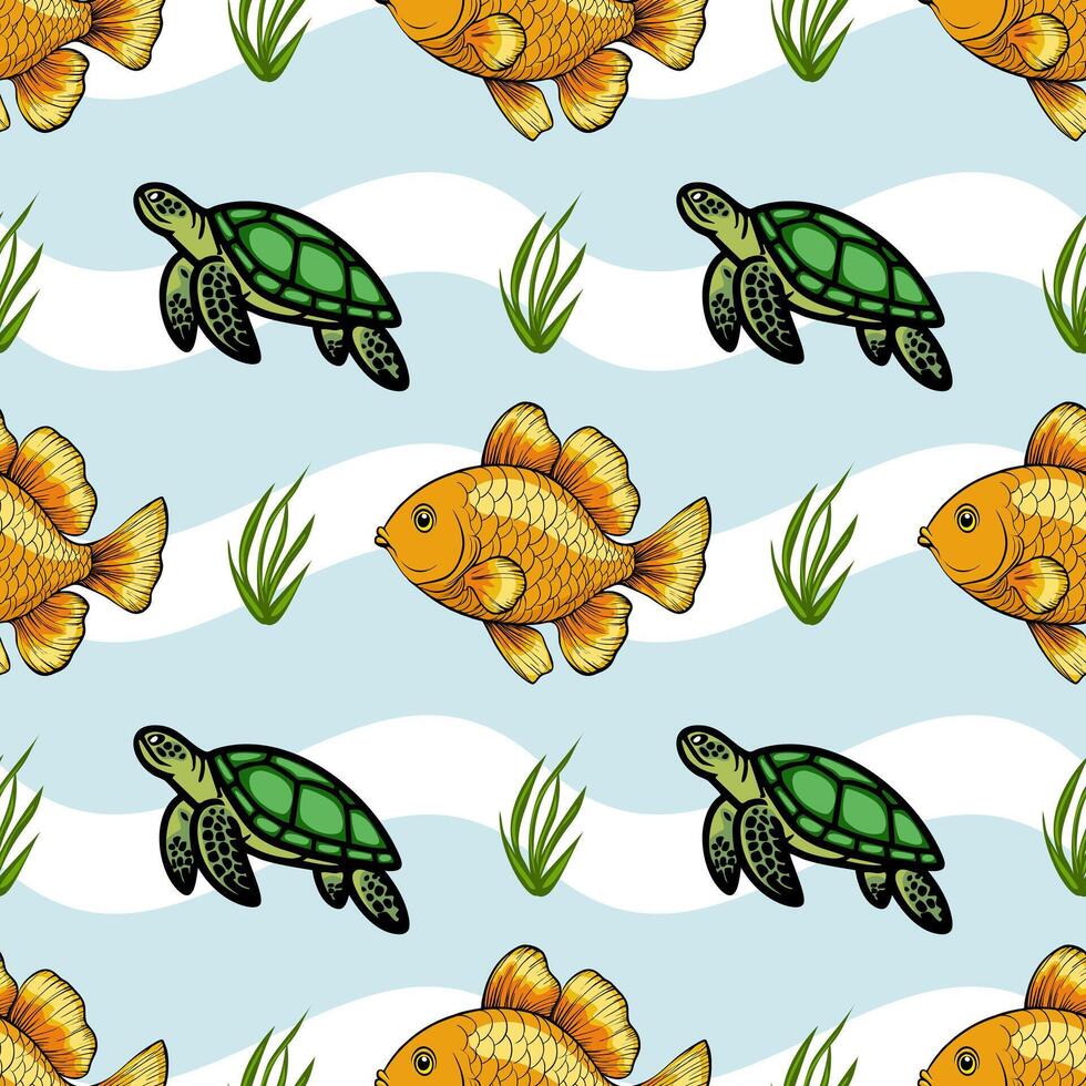 A vibrant pattern featuring goldfish and green turtles swimming among wavy lines and aquatic plants on a light blue background. vector