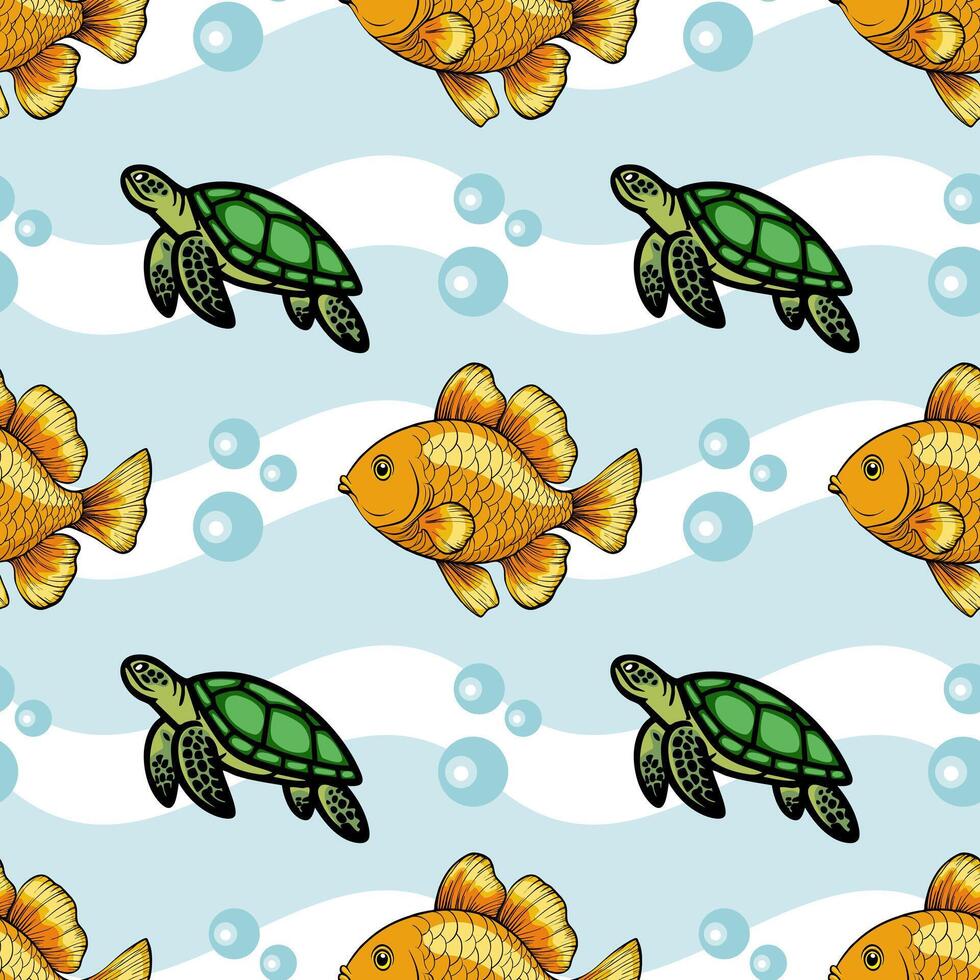A playful underwater pattern featuring colorful goldfish and green turtles swimming among bubbles and wavy lines on a light blue background. vector