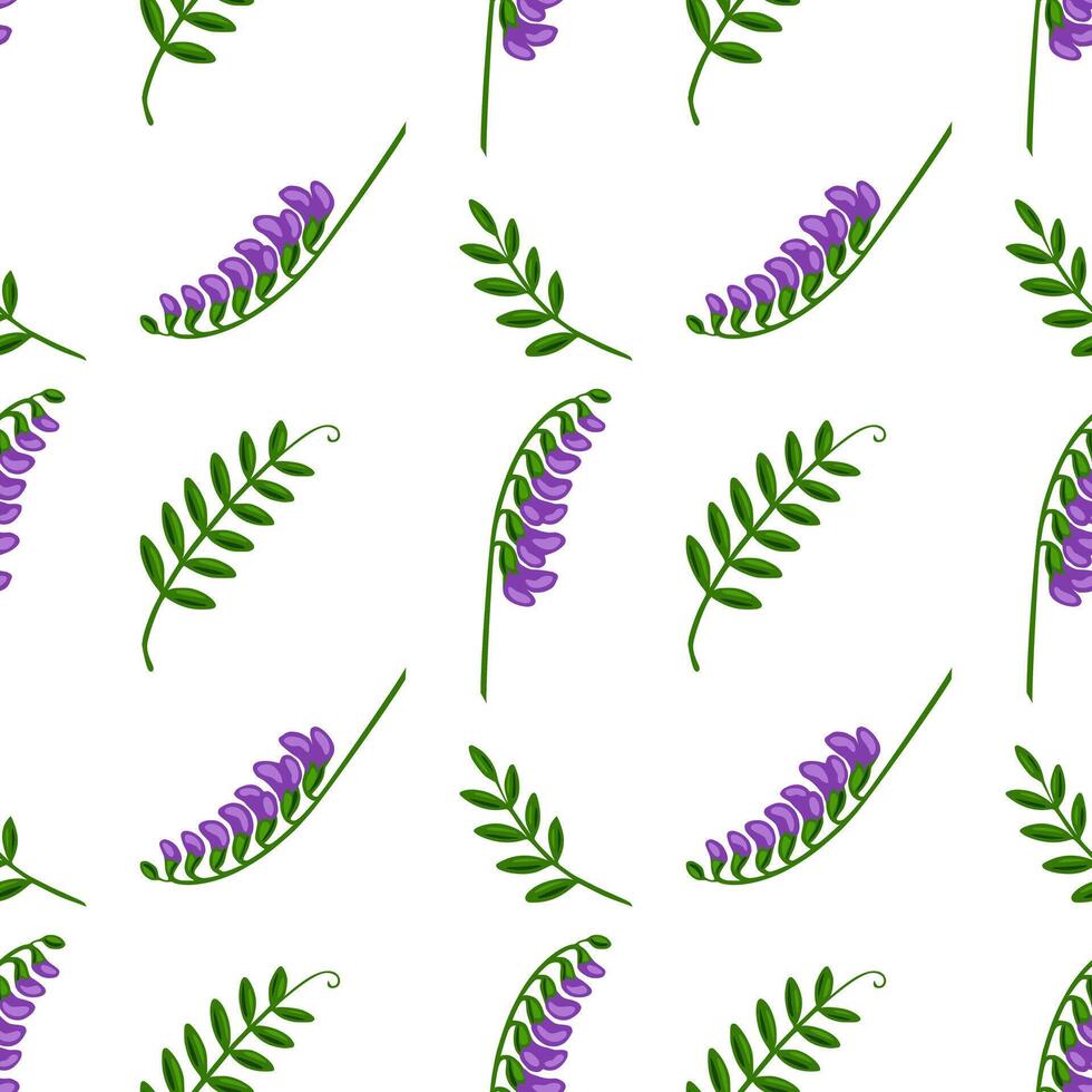 Seamless pattern of stylized tufted vetch flowers and leaves, featuring a vibrant purple and green color palette on a white background, ideal for textile prints or surface design. vector