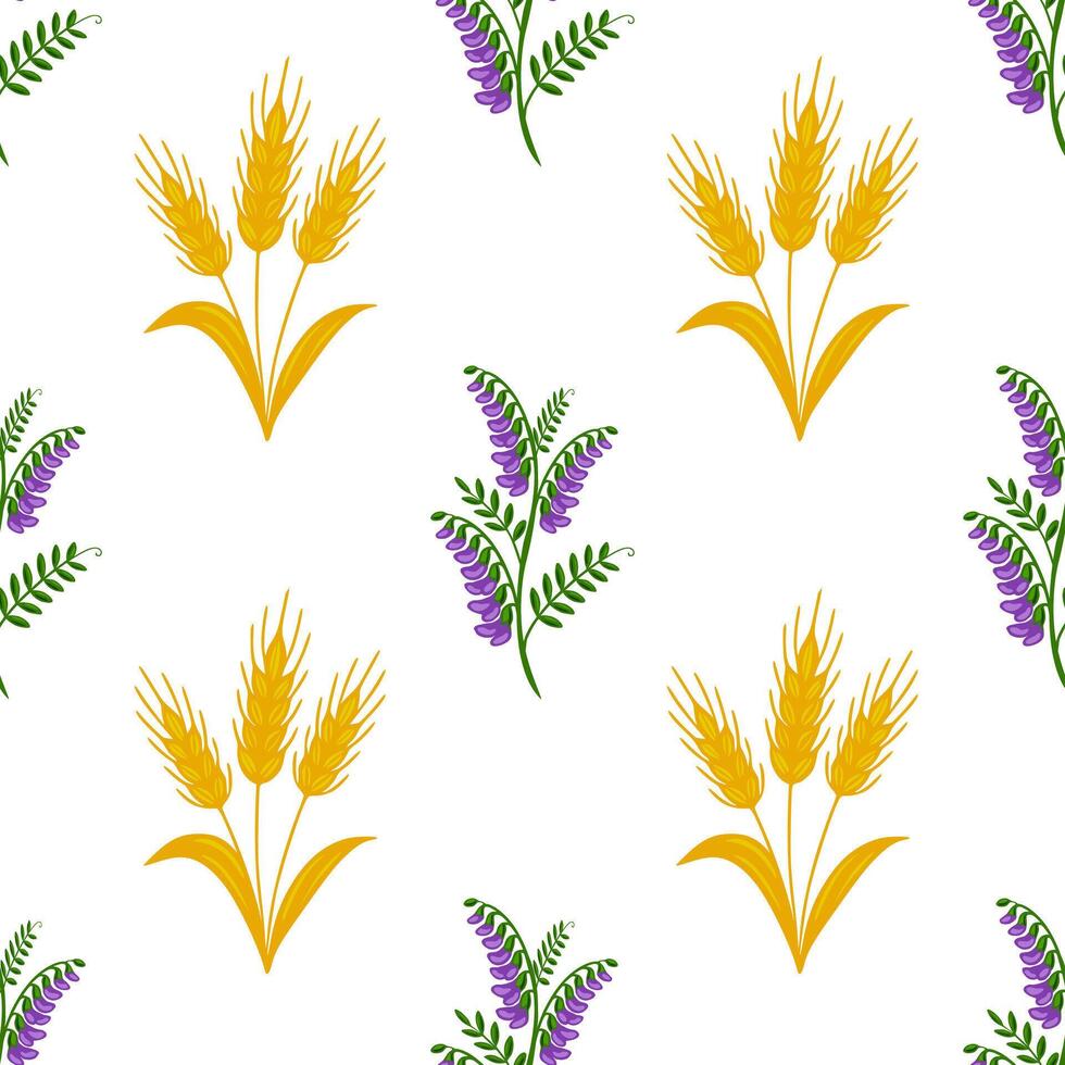 Seamless pattern featuring stylized golden wheat stalks and purple tufted vetch flowers on a white background, creating a rustic yet elegant design. vector