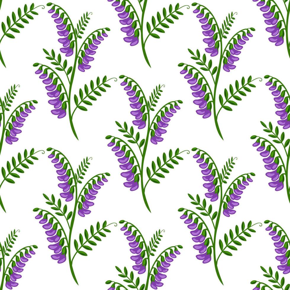 Seamless pattern of stylized tufted vetch flowers with vibrant purple blossoms and green foliage, creating a delicate and repeating floral design ideal for textile prints or spring-themed pr... vector