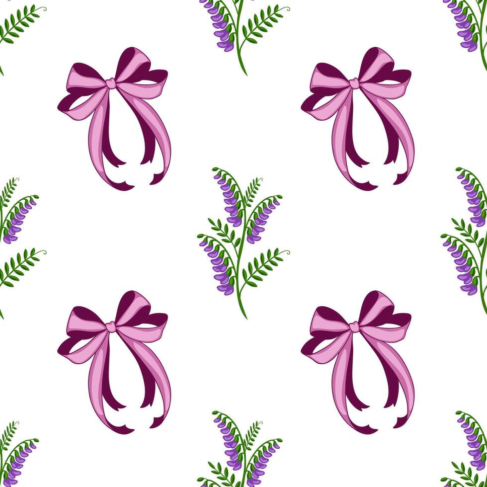 Seamless pattern featuring delicate purple tufted vetch blossoms and elegant pink bows on a crisp white background, creating a charming and sophisticated design. vector