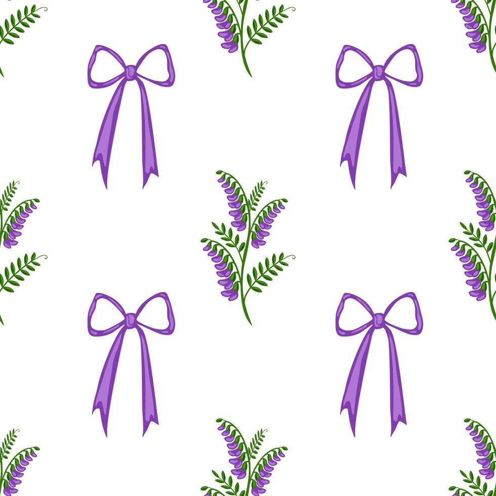 Seamless pattern featuring charming purple tufted vetch flowers and elegant bows, creating a delicate and romantic design ideal for various applications. vector