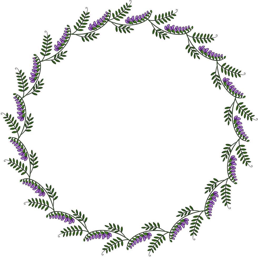 Elegant circular frame design featuring a delicate arrangement of purple tufted vetch flowers and green leaves, perfect for invitations, cards, or decorative elements. vector