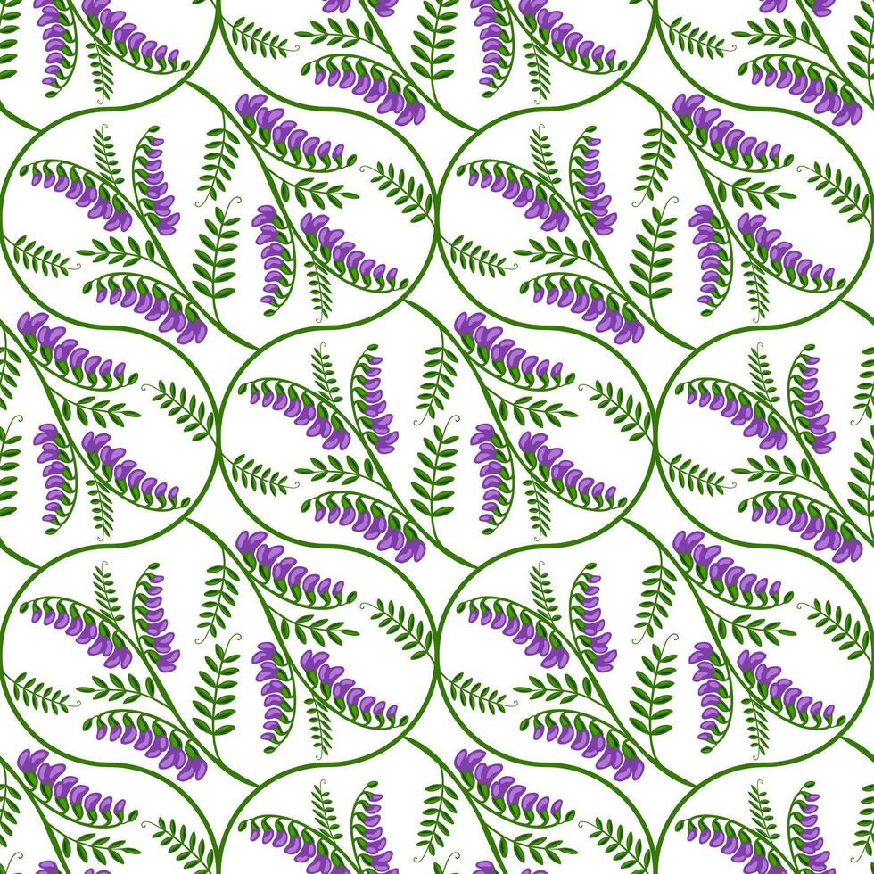 Seamless pattern of stylized tufted vetch flowers with vibrant purple blossoms and green leaves, arranged in elegant curved lines on a white background, creating a sophisticated and nature-i... vector