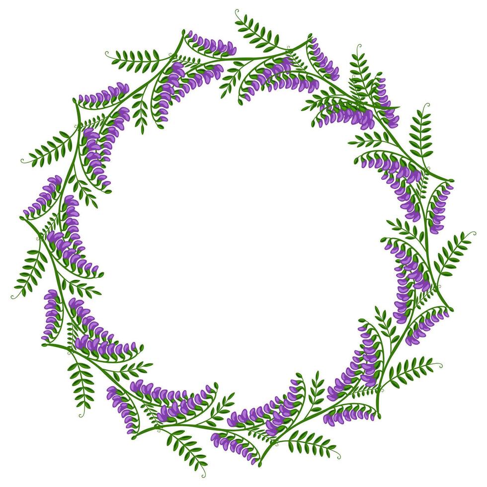 Elegant floral frame with a circular arrangement of stylized tufted vetch blossoms and leaves, perfect for invitations, cards, or decorative elements. vector