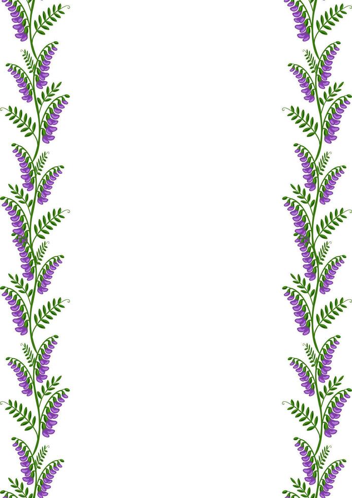Elegant floral frame with two vertical lines of stylized purple tufted vetch flowers and green leaves on white background, perfect for invitations or cards. vector