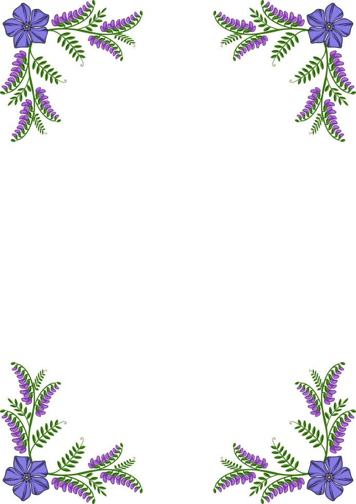 Elegant frame design featuring a delicate arrangement of purple tufted vetch flowers and green foliage, creating a sophisticated and nature inspired border. vector