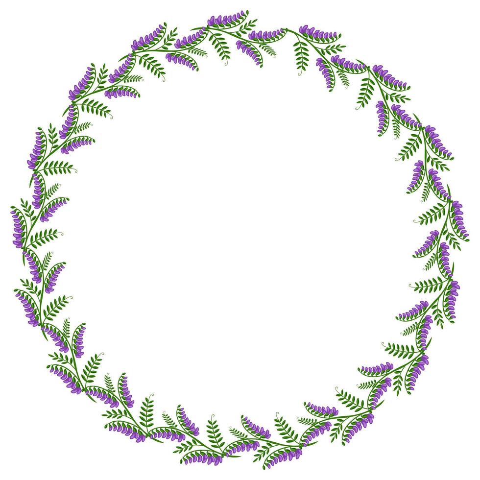 Elegant round frame with a continuous pattern of stylized purple tufted vetch flowers and green leaves, perfect for invitations or decorative design. vector