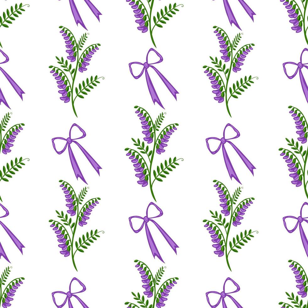 Seamless pattern featuring delicate purple tufted vetch blossoms and elegant bows, creating a charming and repetitive design ideal for various applications. vector