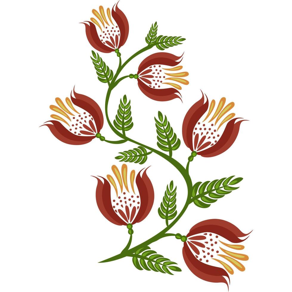 A decorative folk art floral design featuring stylized flowers with red petals and yellow stamens, intertwined with green leaves. The composition is elegant vector