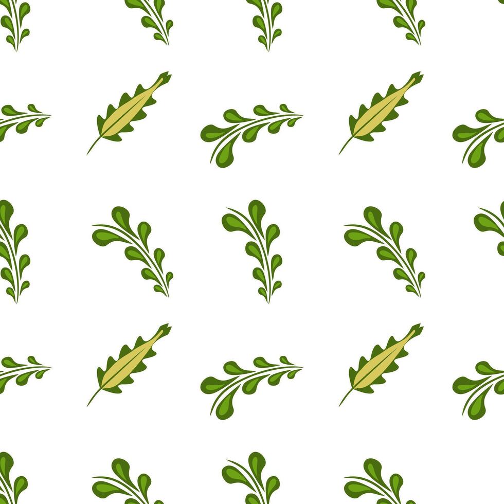 A seamless folk art pattern featuring stylized green leaves on a white background. The design includes various leaf shapes, creating a fresh and natural aesthetic. vector