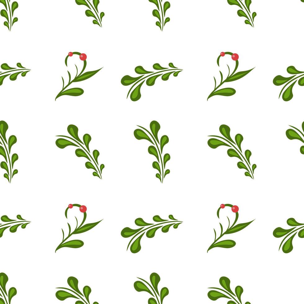 A seamless folk art pattern featuring green leaves and red berries on a white background, ideal for festive or botanical themes. vector