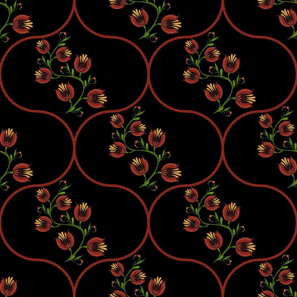 A seamless floral folk art pattern featuring stylized flowers in shades of red and green against a black background, enclosed in circular shapes. The design is elegant and modern vector