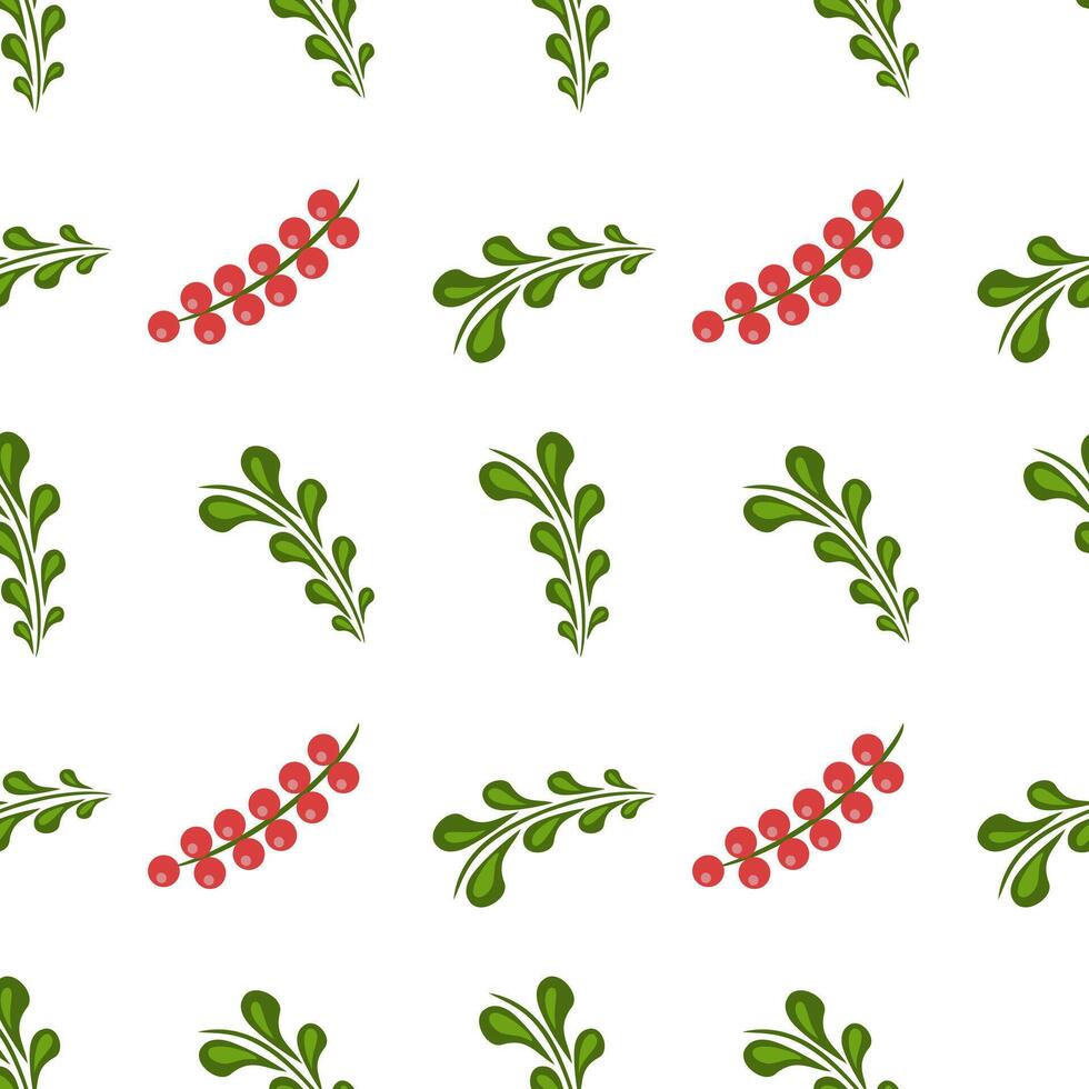 A seamless folk art pattern featuring green leaves and red berries on a white background, ideal for festive or seasonal designs. vector