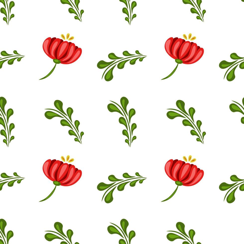 A seamless folk art pattern featuring vibrant red flowers and green leaves on a white background. The design is cheerful and suitable for various decorative purposes. vector