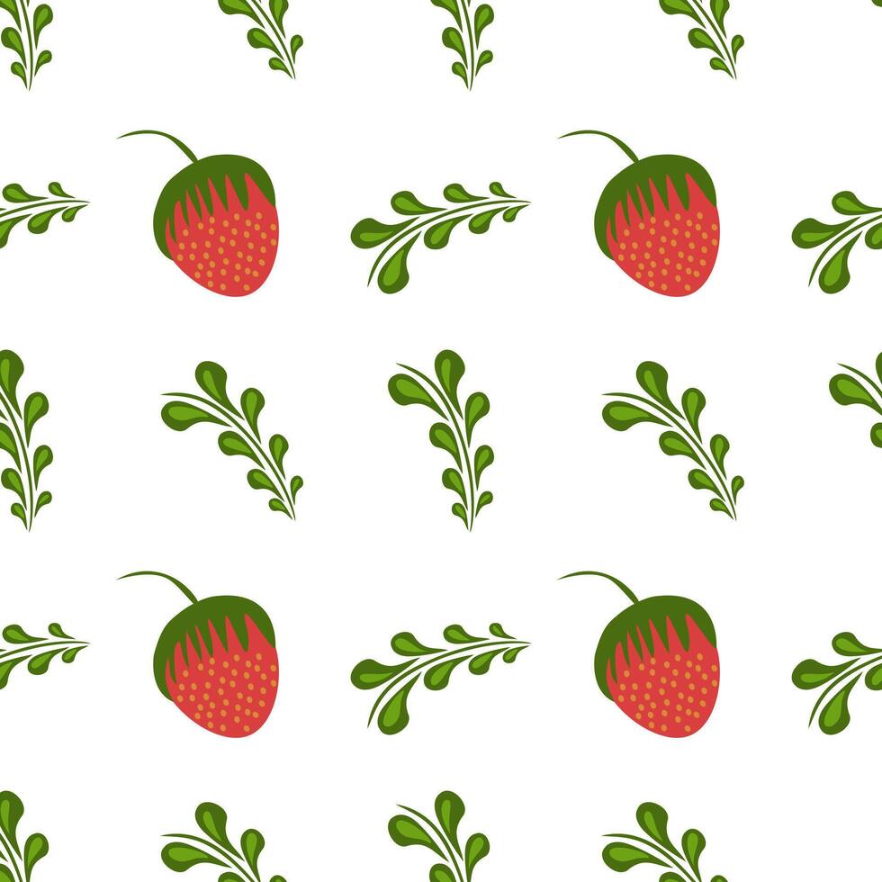 A seamless folk art pattern featuring stylized strawberries and green leaves on a white background. The strawberries are red with green tops, while the leaves are vibrant green. vector