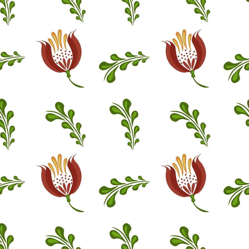 A seamless folk art pattern featuring stylized flowers and leaves in red and green on a white background. The design is vibrant and suitable for textiles or wallpaper. vector