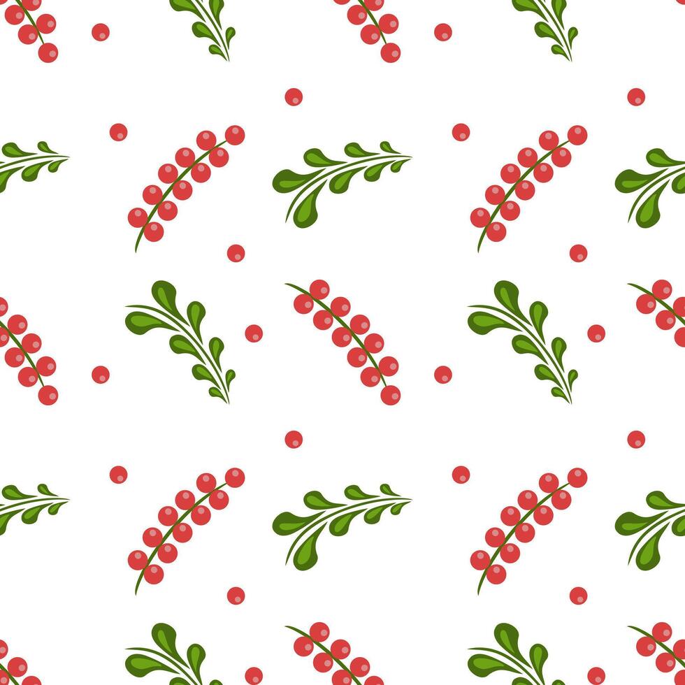 A seamless folk art pattern featuring red berries and green leaves on a white background. The design is playful and vibrant, suitable for textiles or wrapping paper. vector