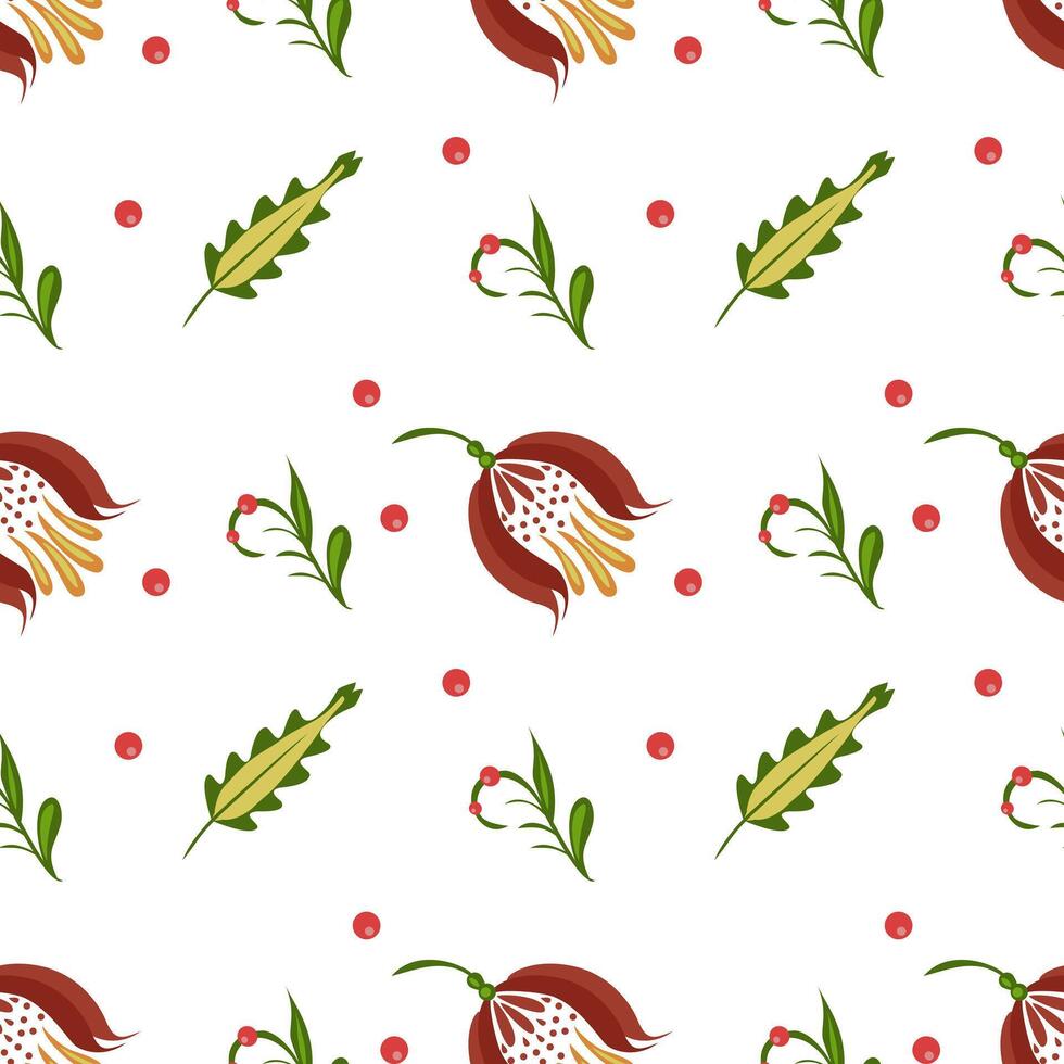 A seamless folk art pattern featuring stylized flowers, leaves, and small red berries on a white background. The design is vibrant and suitable for textiles or wallpapers. vector