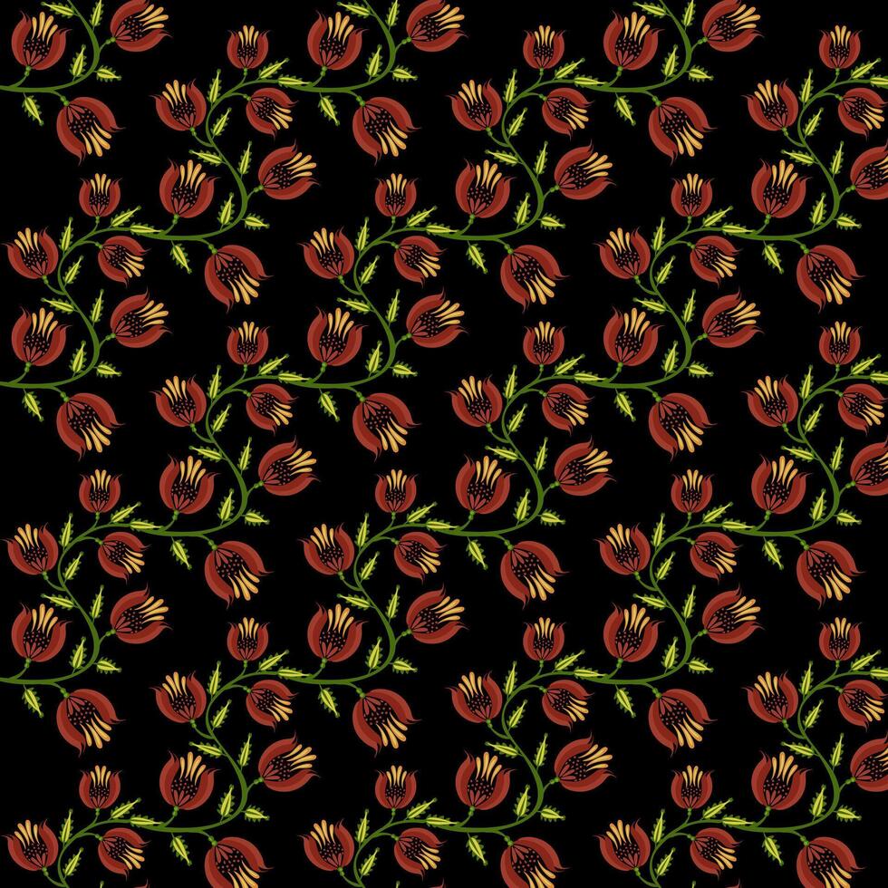A seamless floral folk art pattern featuring stylized red flowers with green stems and leaves on a black background. The design is intricate and vibrant, suitable for textiles or wallpapers. vector