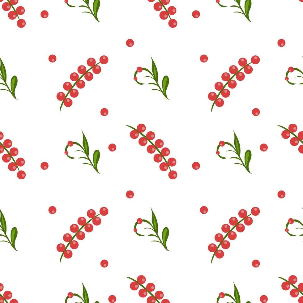 A seamless folk art pattern featuring clusters of red berries and green leaves on a white background. The design includes small red dots scattered throughout, creating a cheerful and vibrant. vector