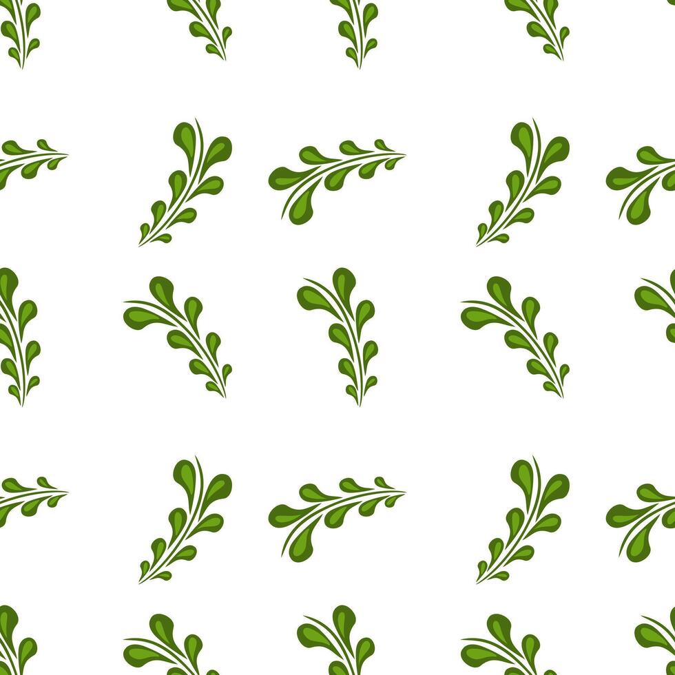 A seamless folk art pattern featuring stylized green leaves on a white background. The design is vibrant and fresh, suitable for textiles, wallpapers, or nature themed projects. vector