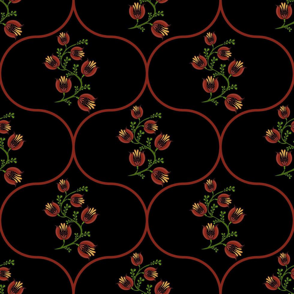 A seamless floral folk art pattern featuring stylized red flowers and green leaves on a black background, arranged in a repeating circular design. vector