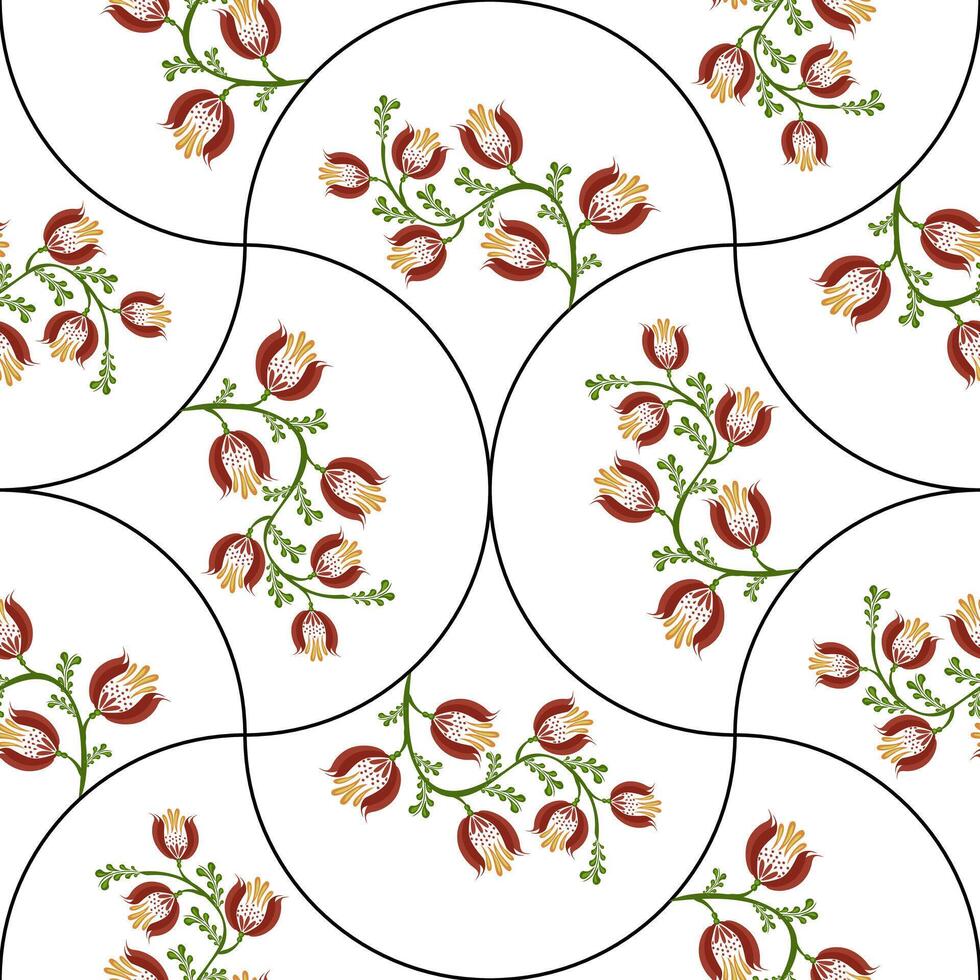 A seamless floral folk art pattern featuring red and yellow flowers with green leaves on a white background, arranged in circular sections with black outlines. vector