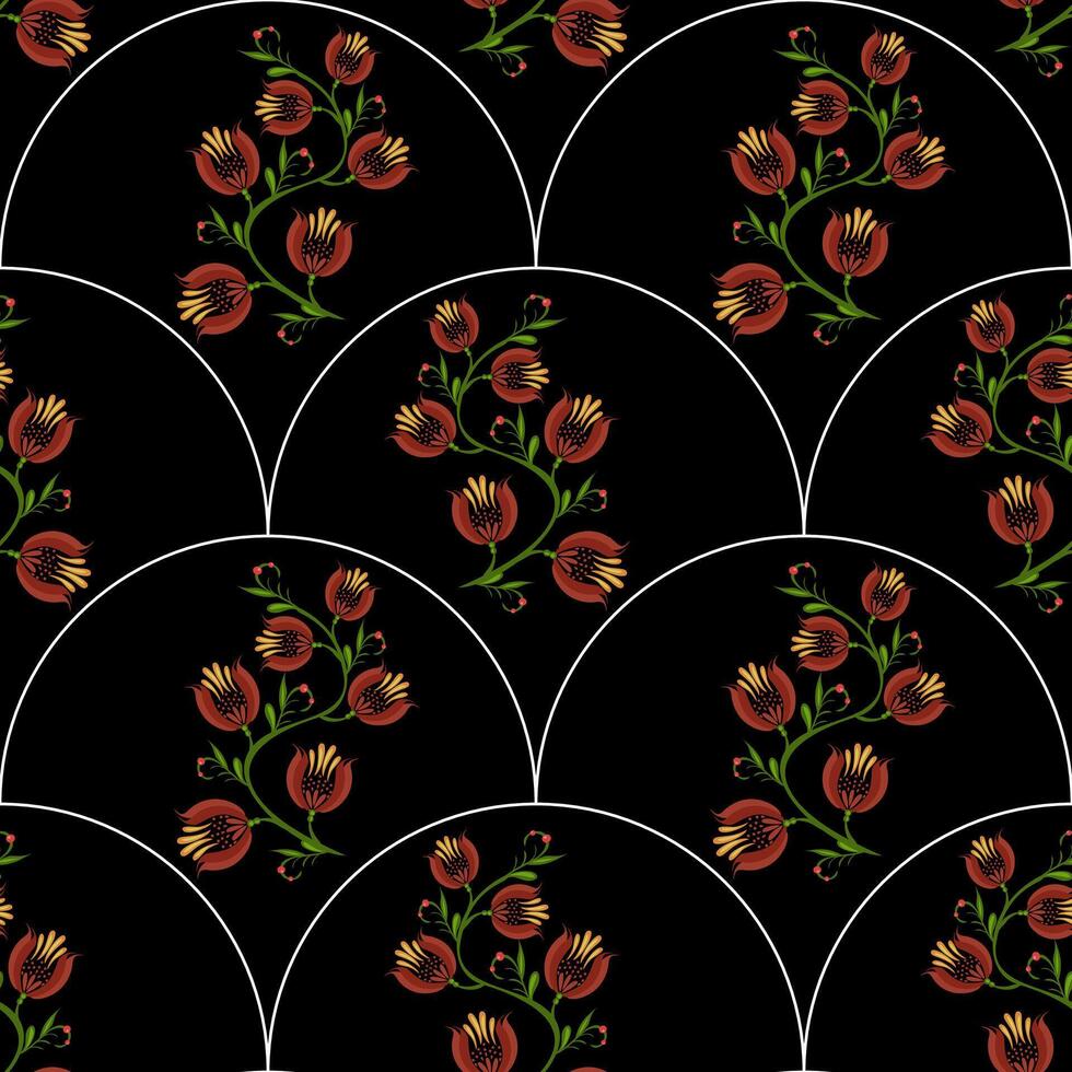 A seamless floral folk art pattern featuring vibrant orange and yellow flowers on a black background, arranged in a circular design with white outlines. vector