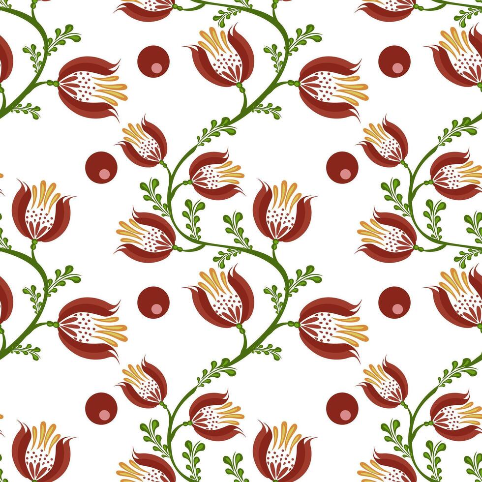 A seamless floral folk art pattern featuring stylized red flowers with yellow stamens, green leaves, and circular red accents on a white background. vector
