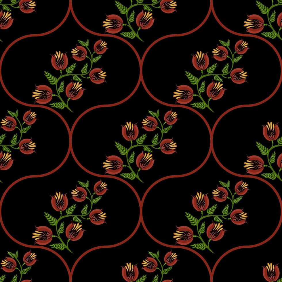 A seamless floral folk art pattern featuring stylized flowers and leaves on a black background, with circular outlines in red. The design is vibrant and decorative vector