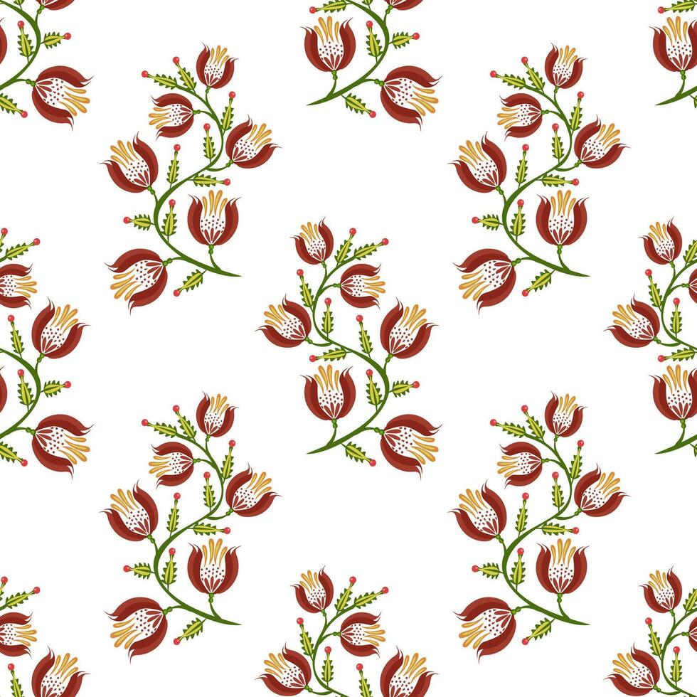 A seamless floral folk art pattern featuring stylized red and yellow flowers with green leaves on a white background. The design is vibrant and suitable for textiles or wallpapers. vector