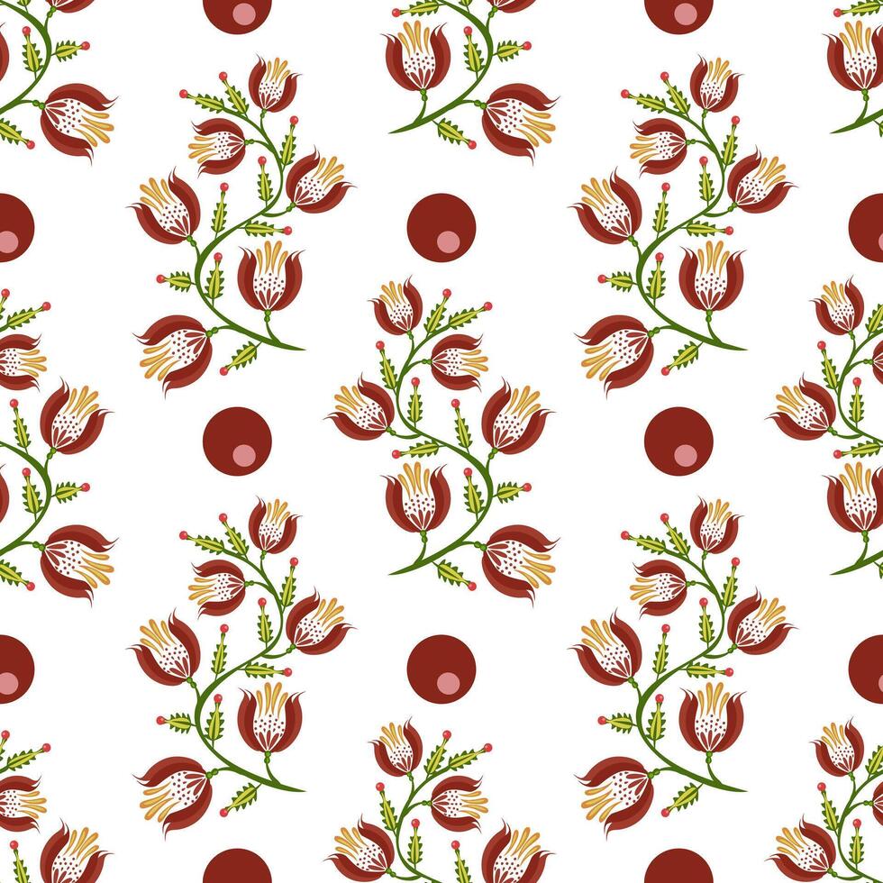 A seamless folk art pattern featuring stylized flowers and circular shapes on a white background. The flowers are predominantly red with green stems and leaves, complemented by red dots. vector