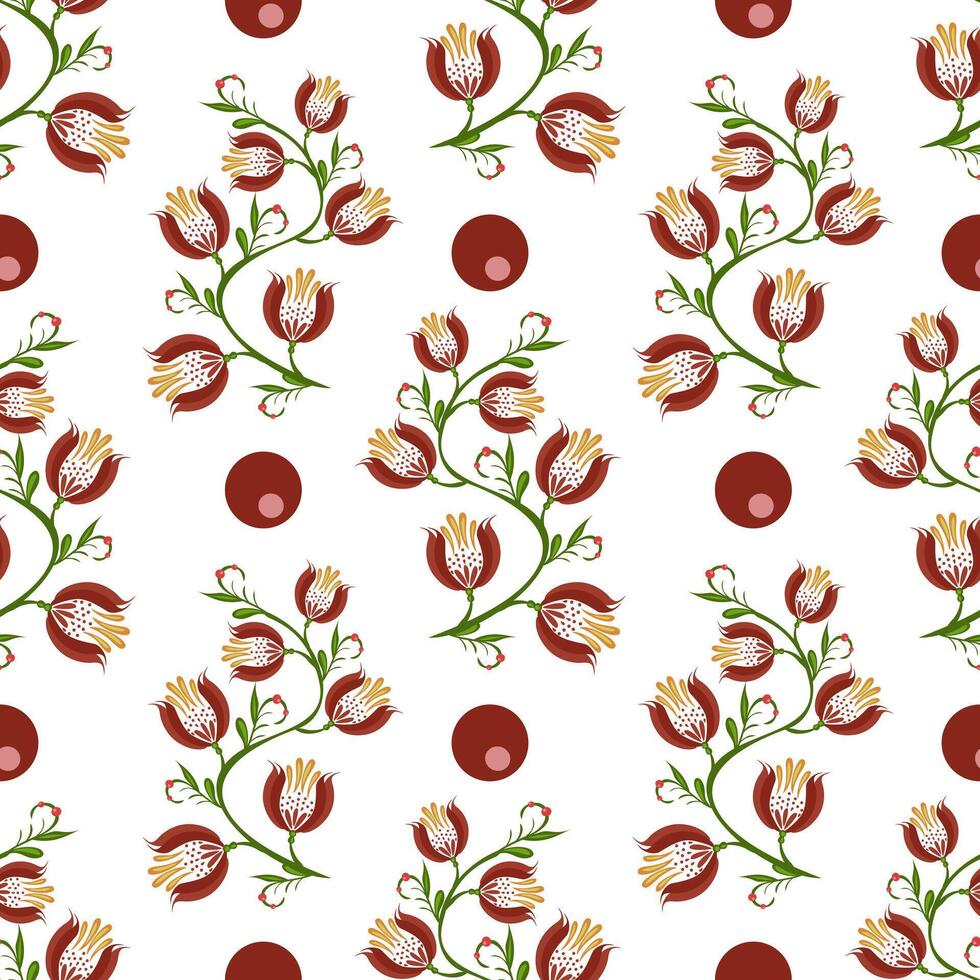 A seamless floral folk art pattern featuring red and yellow flowers intertwined with green stems, set against a white background. Circular red dots are interspersed throughout the design. vector