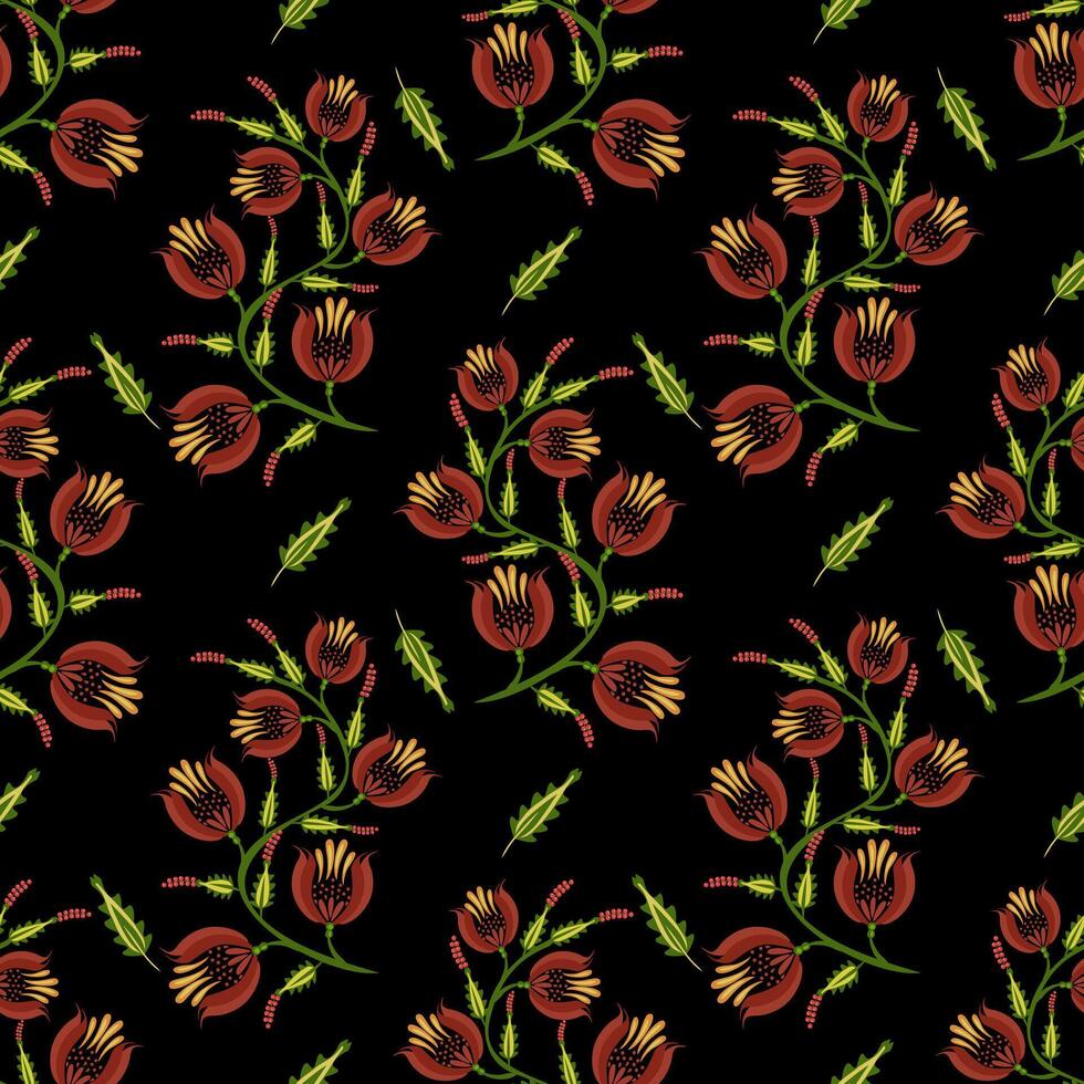 A seamless floral folk art pattern featuring vibrant red and yellow flowers with green stems on a black background. The design is intricate and suitable for textiles or wallpaper. vector