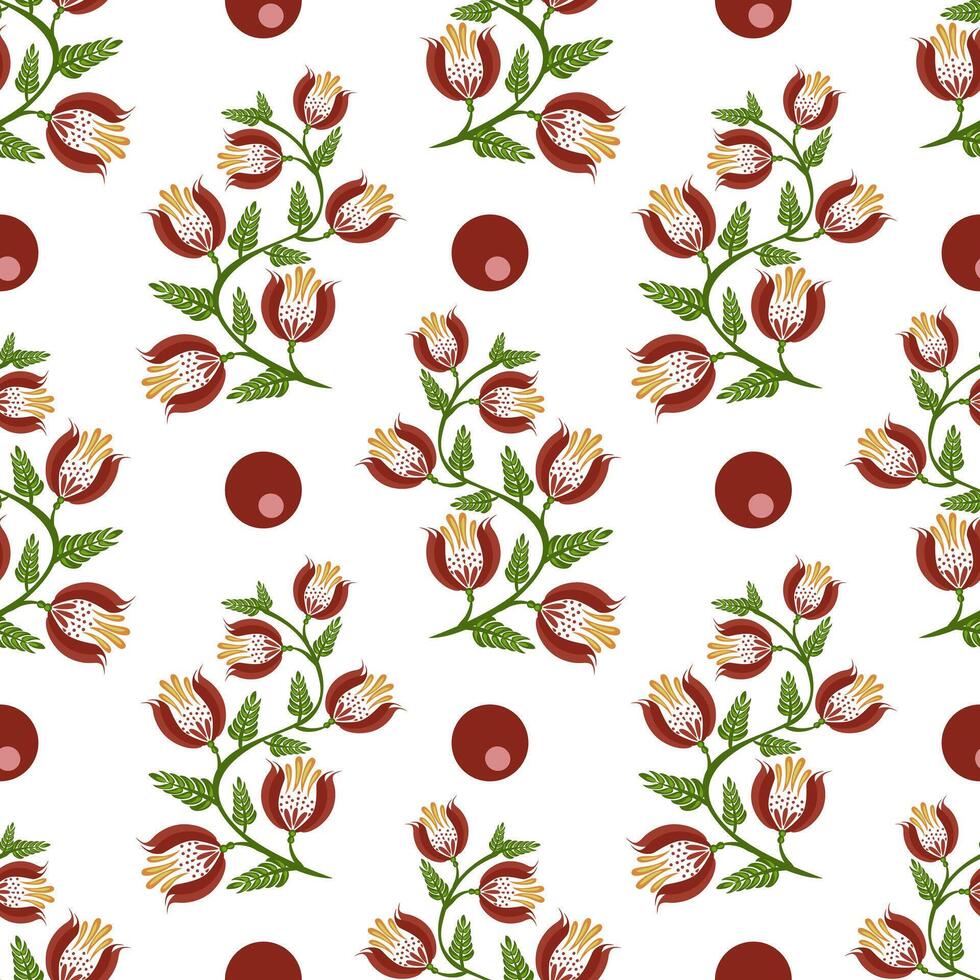 A seamless floral folk art pattern featuring stylized flowers with red petals and green leaves, interspersed with red circles on a white background. vector