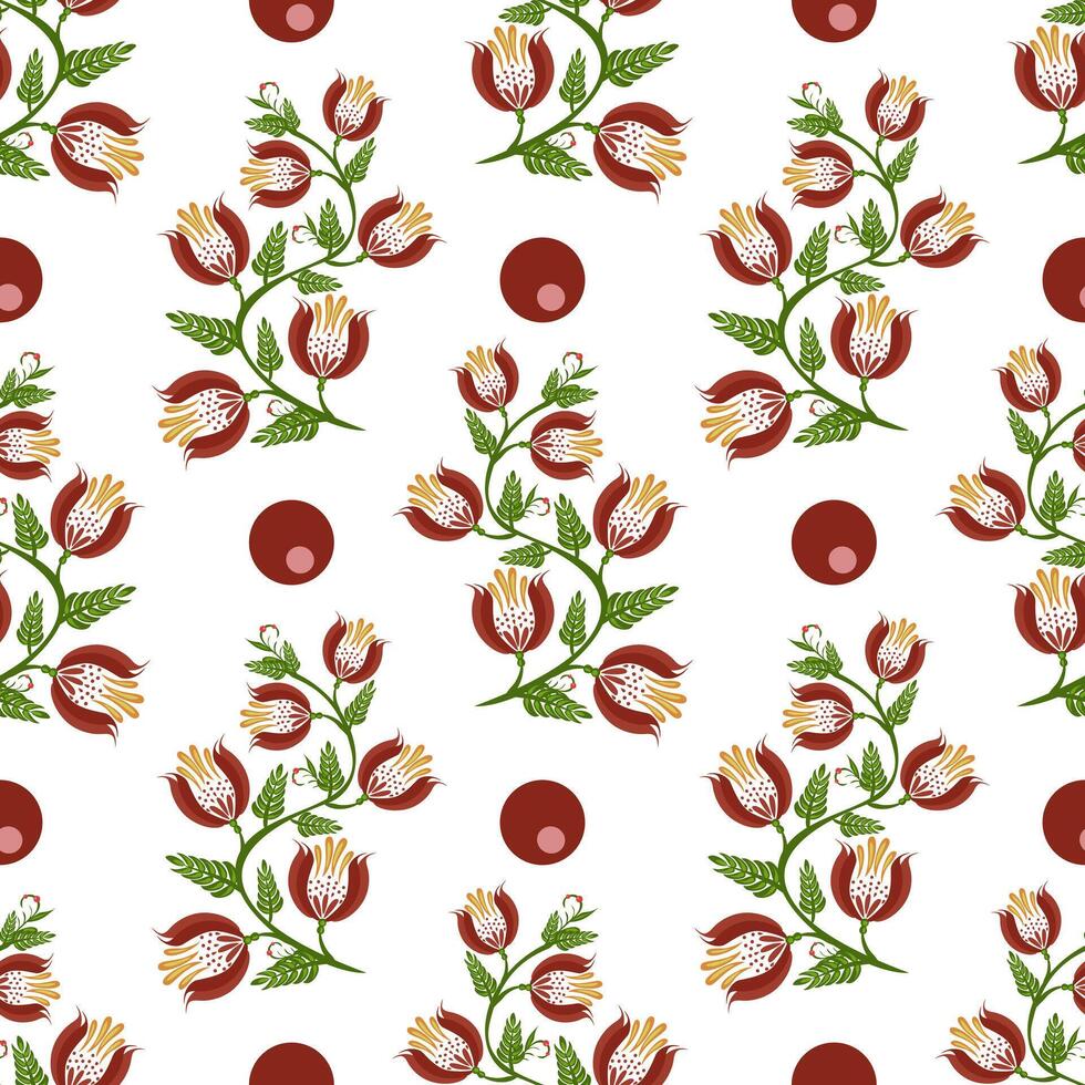 A seamless floral folk art pattern featuring red and orange flowers with green leaves on a white background, interspersed with red circles. vector