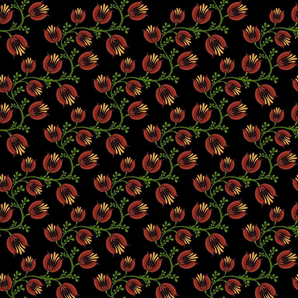 A seamless floral folk art pattern featuring vibrant red and yellow flowers with green leaves on a black background. The design is intricate and suitable for textiles or wallpapers. vector