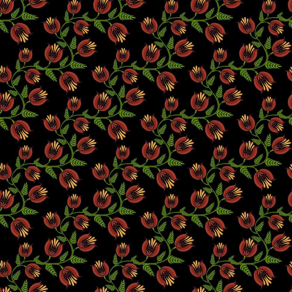 A seamless floral folk art pattern featuring vibrant orange and yellow flowers with green leaves on a black background. The design is intricate and suitable for textiles or wallpapers. vector