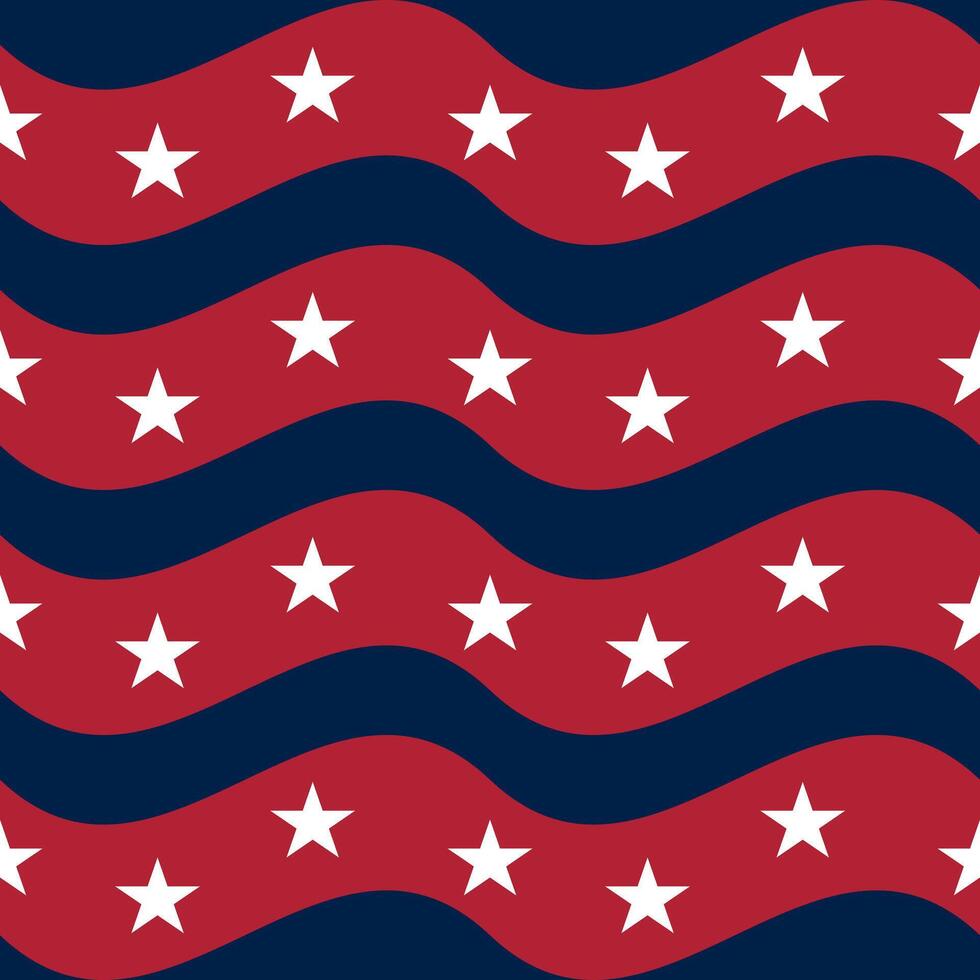 Seamless pattern with wavy red stripes and white stars on a dark blue background. vector
