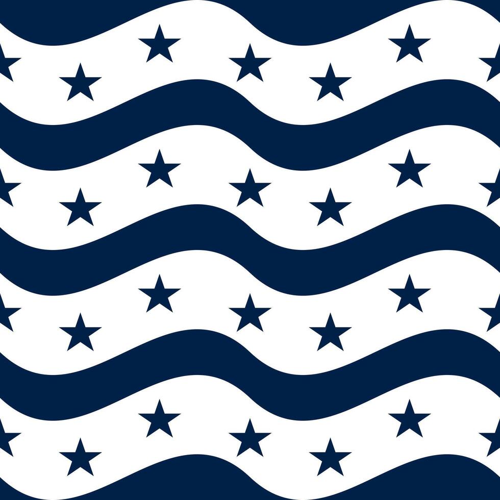 A repeating pattern of wavy lines and stars in navy blue and white. The design features alternating waves and star shapes, creating a rhythmic and dynamic visual effect. vector