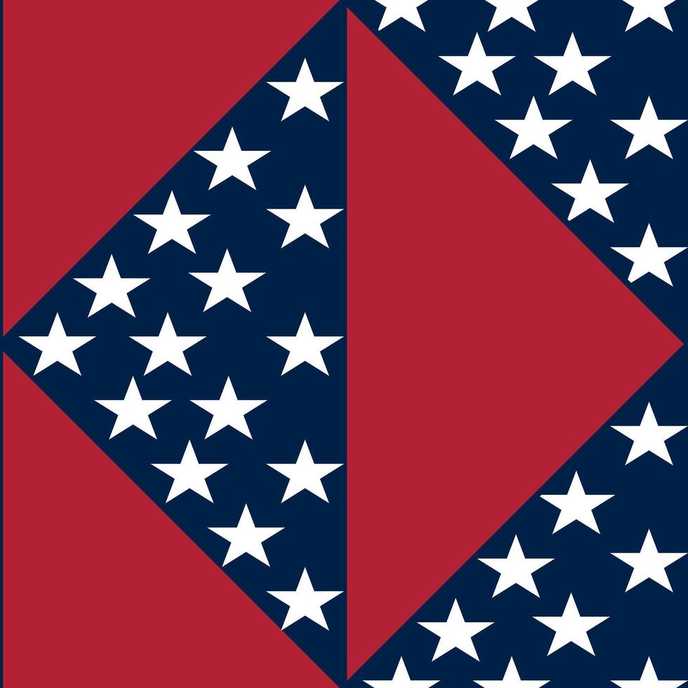 A geometric design featuring a red and blue color scheme with white stars. The pattern includes a large red triangle and a blue background filled with white stars, creating a patriotic look. vector