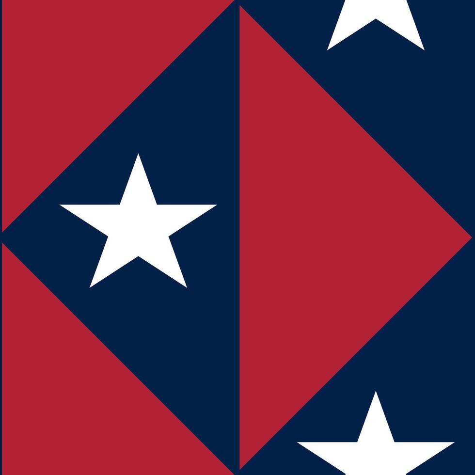 A geometric pattern featuring red and navy blue shapes with white stars. The design includes diamond and triangular shapes, creating a bold and modern look. vector