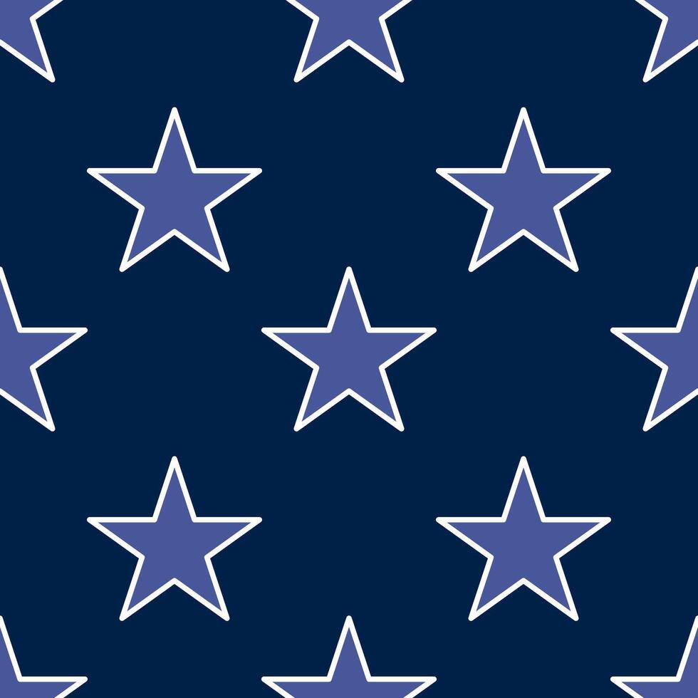 A repeating pattern of stars in shades of blue on a dark navy background. The stars are outlined in white, creating a striking contrast against the deep color. vector