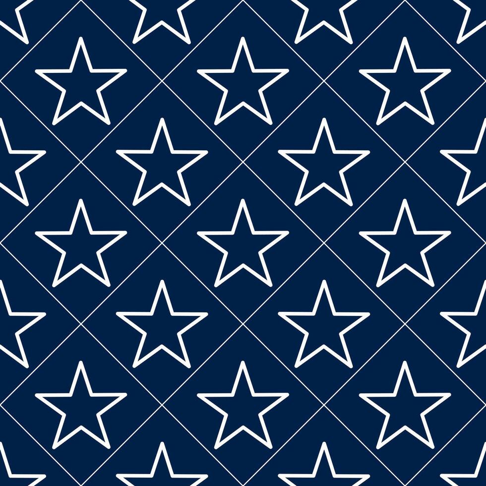 A seamless pattern featuring white outlined stars on a dark navy blue background, creating a modern and stylish design suitable for various applications. vector